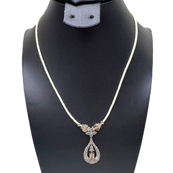 Vintage Sterling Silver Marcasite & Citrine Teardrop Pendant Necklace Gemsone 17 - Picture 2 of 8